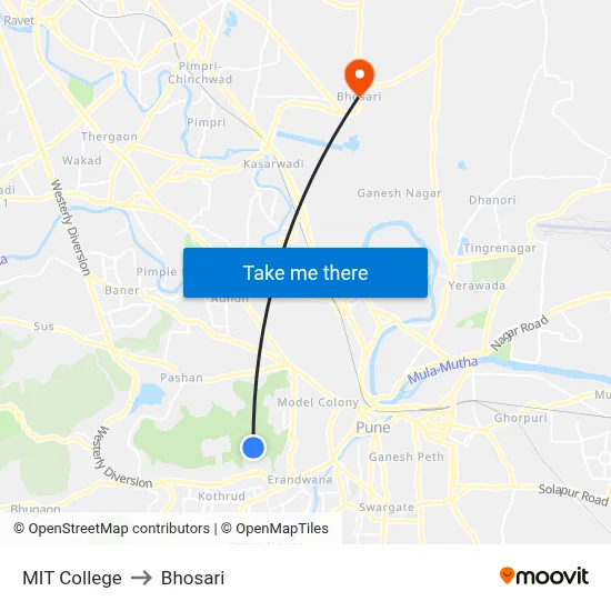 MIT College to Bhosari map