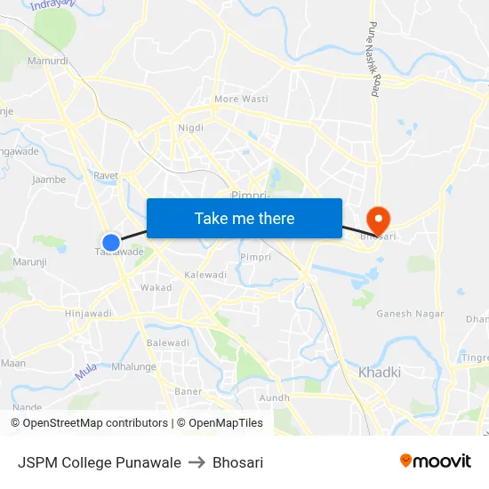 JSPM College Punawale to Bhosari map