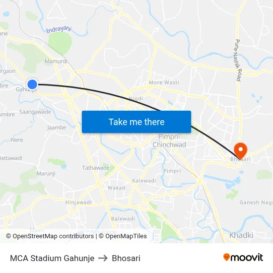 MCA Stadium Gahunje to Bhosari map