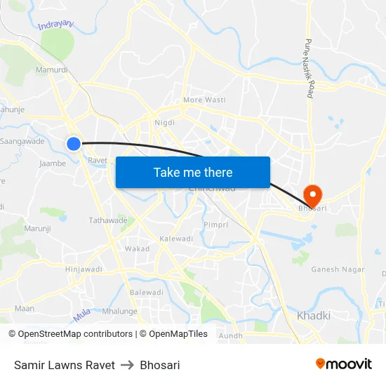 Samir Lawns Ravet to Bhosari map