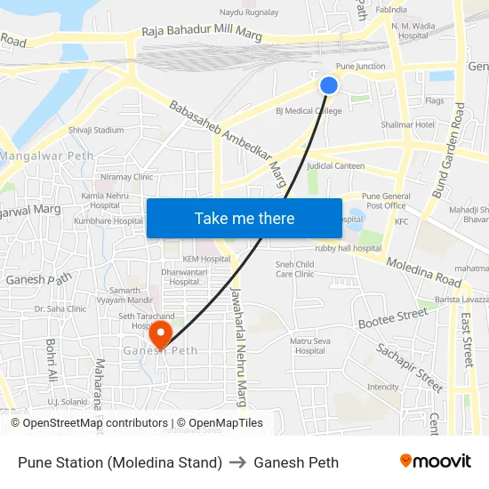 Pune Station Moledina Stand to Ganesh Peth map
