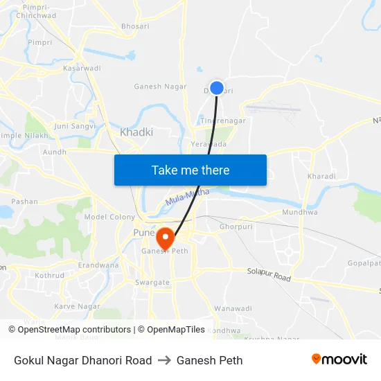Gokul Nagar Dhanori Road to Ganesh Peth map