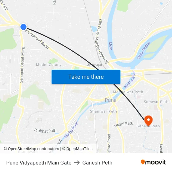 Pune Vidyapeeth Main Gate to Ganesh Peth map