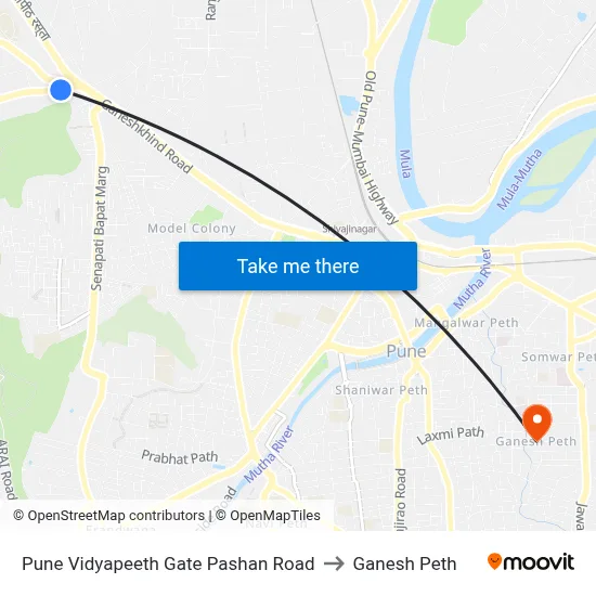 Pune Vidyapeeth Gate Pashan Road to Ganesh Peth map