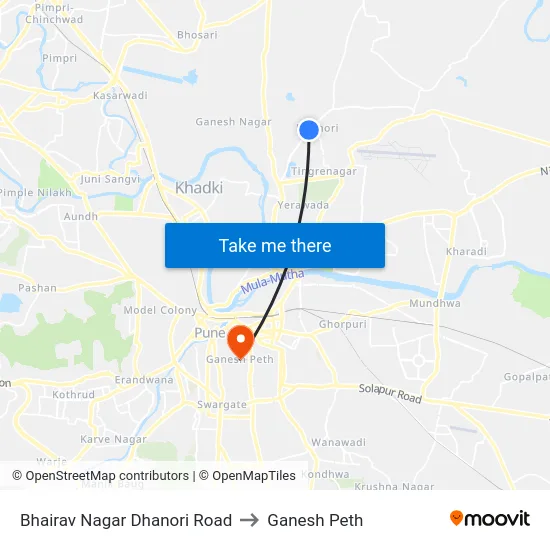 Bhairav Nagar Dhanori Road to Ganesh Peth map