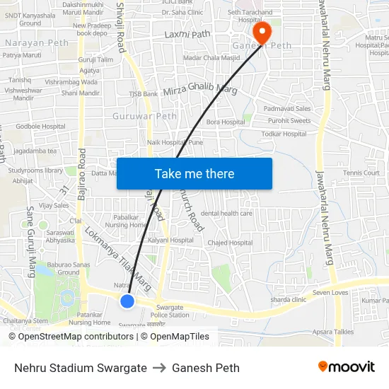 Nehru Stadium Swargate to Ganesh Peth map