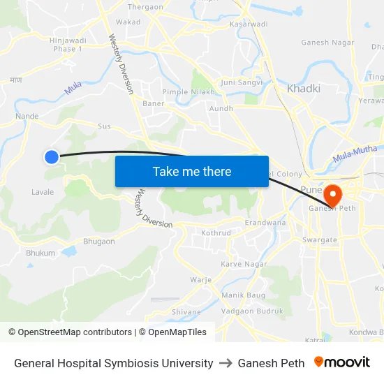 General Hospital Symbiosis University to Ganesh Peth map