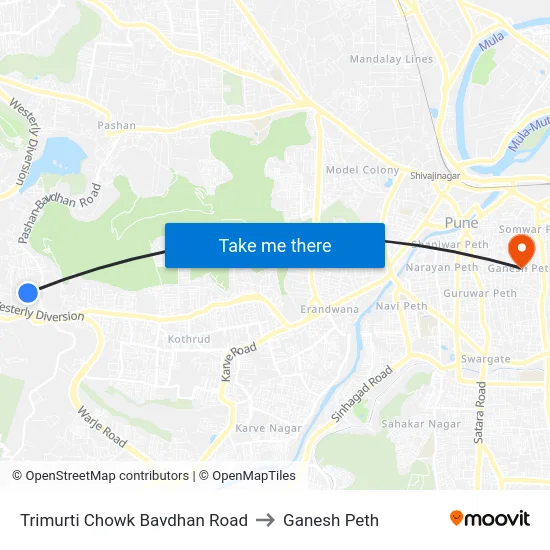 Trimurti Chowk Bavdhan Road to Ganesh Peth map