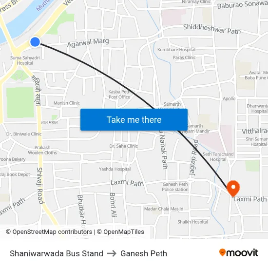 Shaniwarwada Bus Stand to Ganesh Peth map