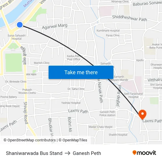 Shaniwarwada Bus Stand to Ganesh Peth map