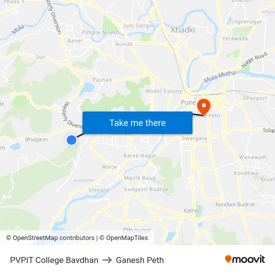 PVPIT College Bavdhan to Ganesh Peth map