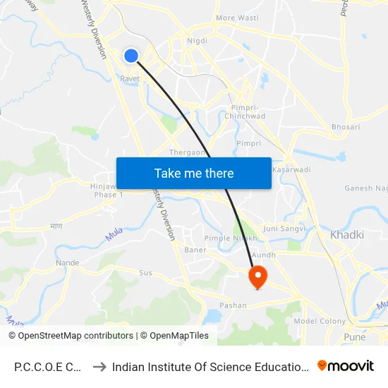 P.C.C.O.E College Ravet to Indian Institute Of Science Education And Research (Iiser), Pune map
