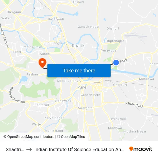 Shastrinagar to Indian Institute Of Science Education And Research (Iiser), Pune map