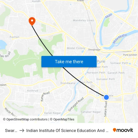 Swargate to Indian Institute Of Science Education And Research (Iiser), Pune map