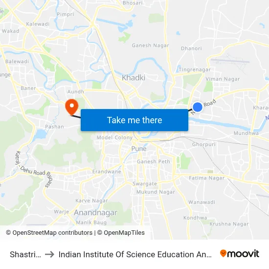 Shastrinagar to Indian Institute Of Science Education And Research (Iiser), Pune map