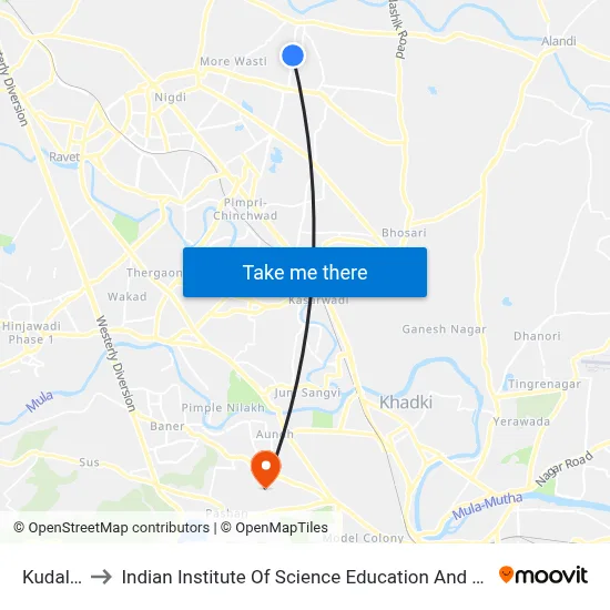 Kudalwadi to Indian Institute Of Science Education And Research (Iiser), Pune map