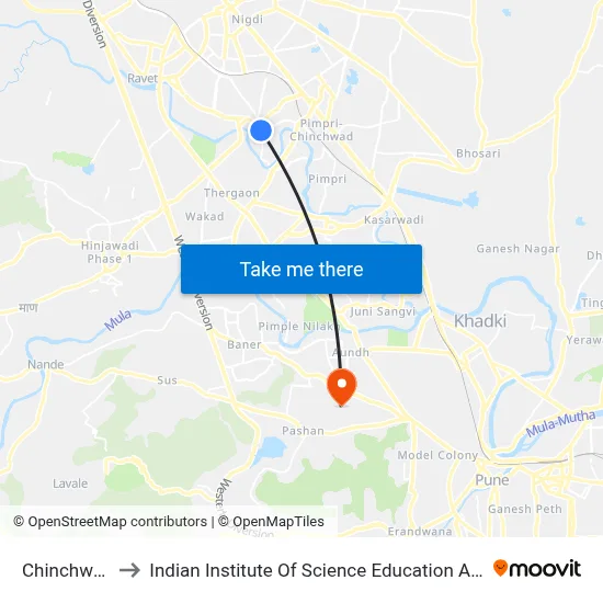 Chinchwad Gaon to Indian Institute Of Science Education And Research (Iiser), Pune map