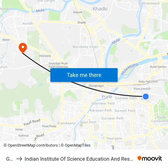 GPO to Indian Institute Of Science Education And Research (Iiser), Pune map