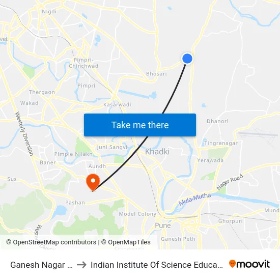 Ganesh Nagar (Bhosari Road) to Indian Institute Of Science Education And Research (Iiser), Pune map