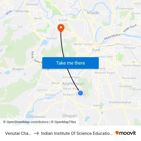 Venutai Chavan College to Indian Institute Of Science Education And Research (Iiser), Pune map