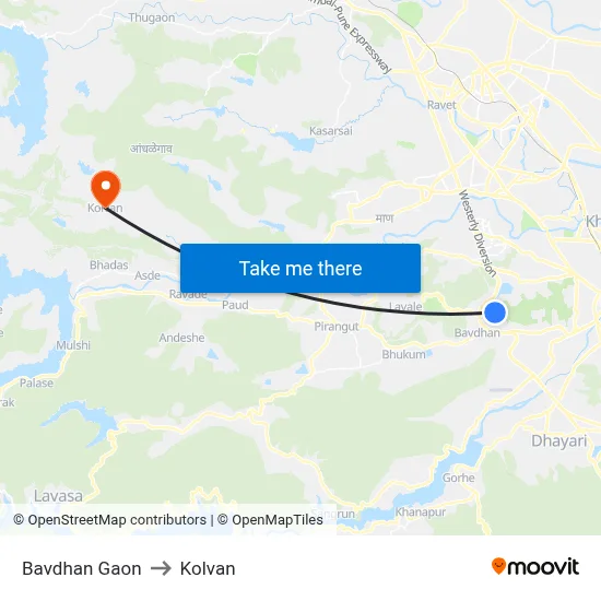 Bavdhan Gaon to Kolvan map