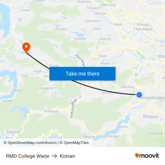 RMD College Warje to Kolvan map