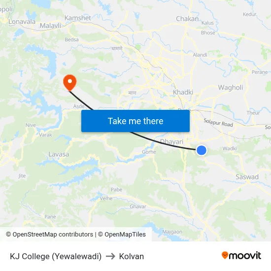 KJ College (Yewalewadi) to Kolvan map