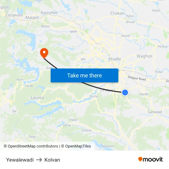 Yewalewadi to Kolvan map