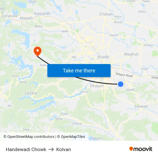 Handewadi Chowk to Kolvan map