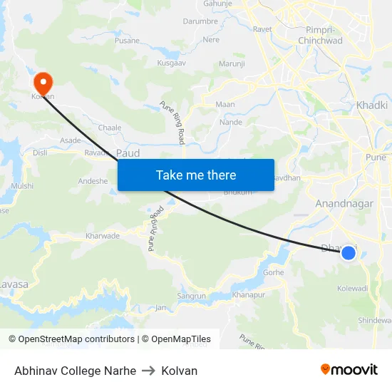 Abhinav College Narhe to Kolvan map
