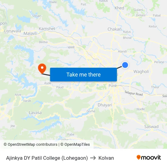 Ajinkya DY Patil College (Lohegaon) to Kolvan map
