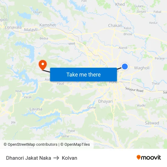 Dhanori Jakat Naka to Kolvan map