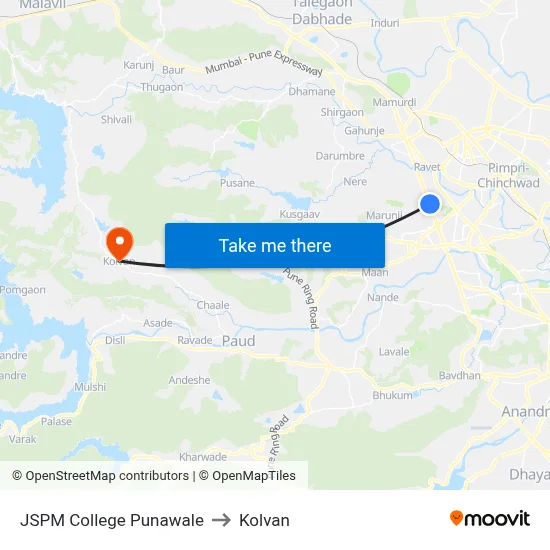 JSPM College Punawale to Kolvan map