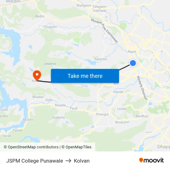 JSPM College Punawale to Kolvan map