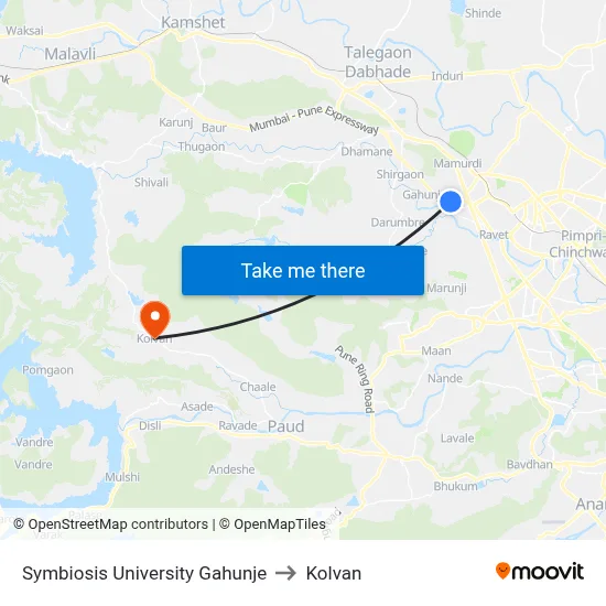 Symbiosis University Gahunje to Kolvan map