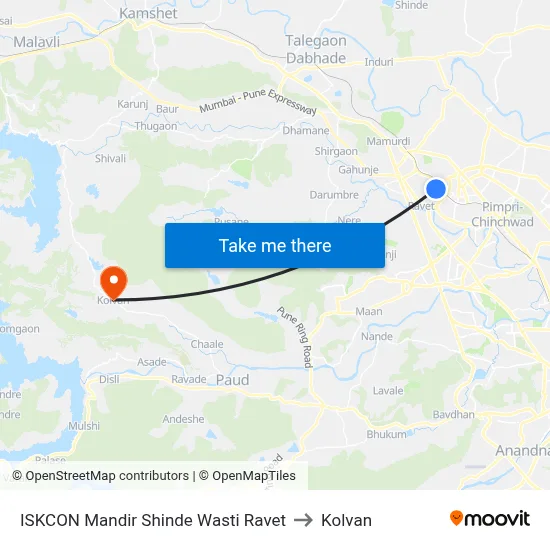 ISKCON Mandir Shinde Wasti Ravet to Kolvan map