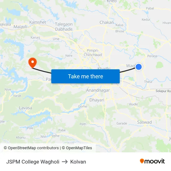 JSPM College Wagholi to Kolvan map