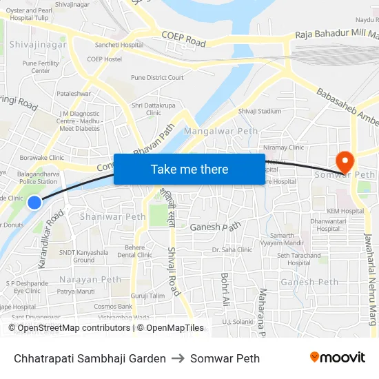 Chhatrapati Sambhaji Garden to Somwar Peth map