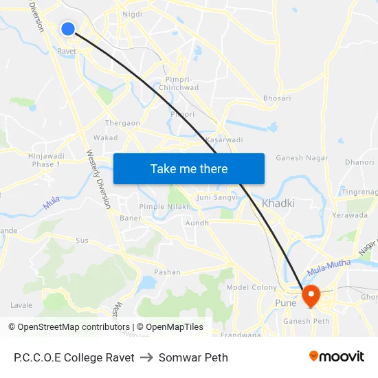 P.C.C.O.E College Ravet to Somwar Peth map