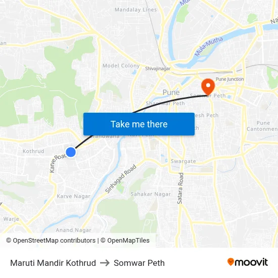 Maruti Mandir Kothrud to Somwar Peth map