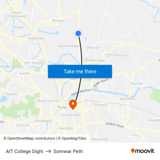 AIT College Dighi to Somwar Peth map