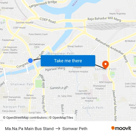 Ma.Na.Pa Main Bus Stand to Somwar Peth map