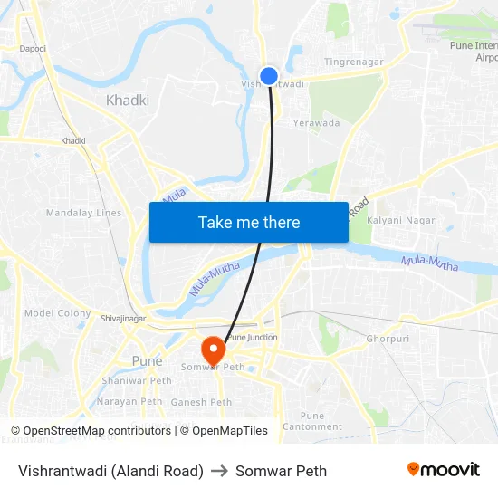 Vishrantwadi (Alandi Road) to Somwar Peth map