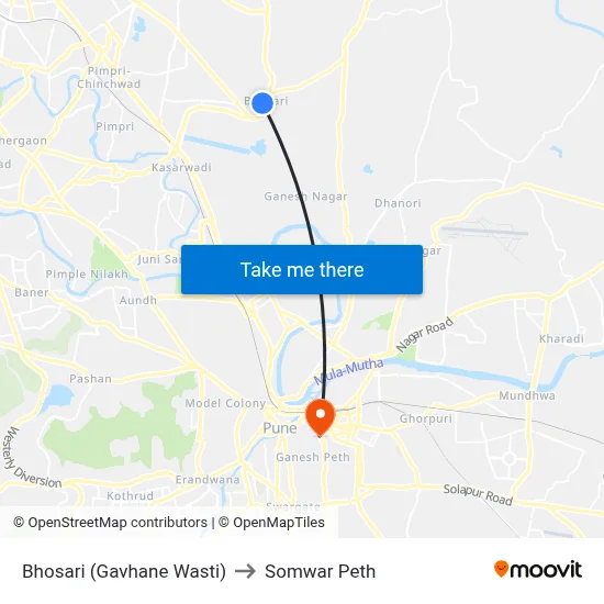Bhosari (Gavhane Wasti) to Somwar Peth map