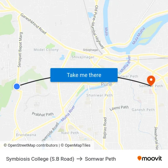 Symbiosis College (S.B Road) to Somwar Peth map
