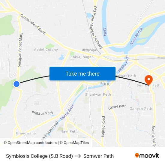 Symbiosis College (S.B Road) to Somwar Peth map