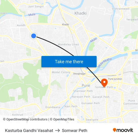 Kasturba Gandhi Vasahat to Somwar Peth map