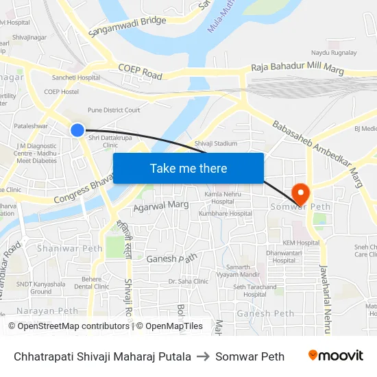 Chhatrapati Shivaji Maharaj Putala to Somwar Peth map