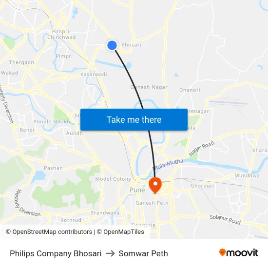 Philips Company Bhosari to Somwar Peth map