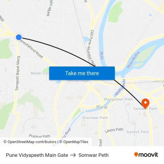 Pune Vidyapeeth Main Gate to Somwar Peth map